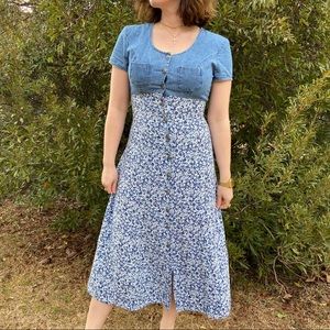 90’s Denim & Ditsy Floral Babydoll Maxi Dress